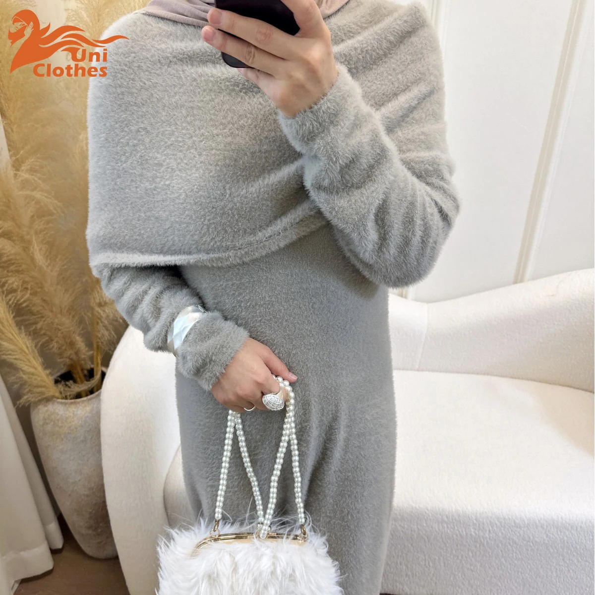 

UNI свитер платье Абая с шалью накидка комплект вечернее платье зимняя скромная исламская одежда мусульманские платья для женщин Дубай