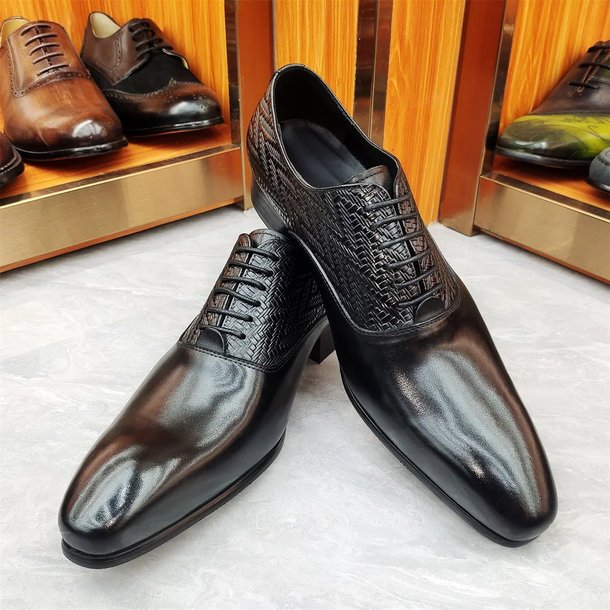 Prince Men's Classic Modern Formal Oxford Shoes Wingtip Lace up Dress Handmade Black Genuine Leather Italian Style