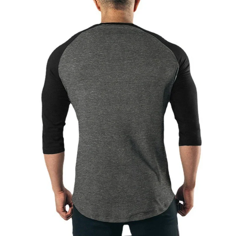 Zwykła koszulka fitness z rękawami trzy czwarte męska odzież treningowa bawełniana oddychająca koszulka Slim Fit siłownia kulturystyka topy umięśnione — zdjęcie 7