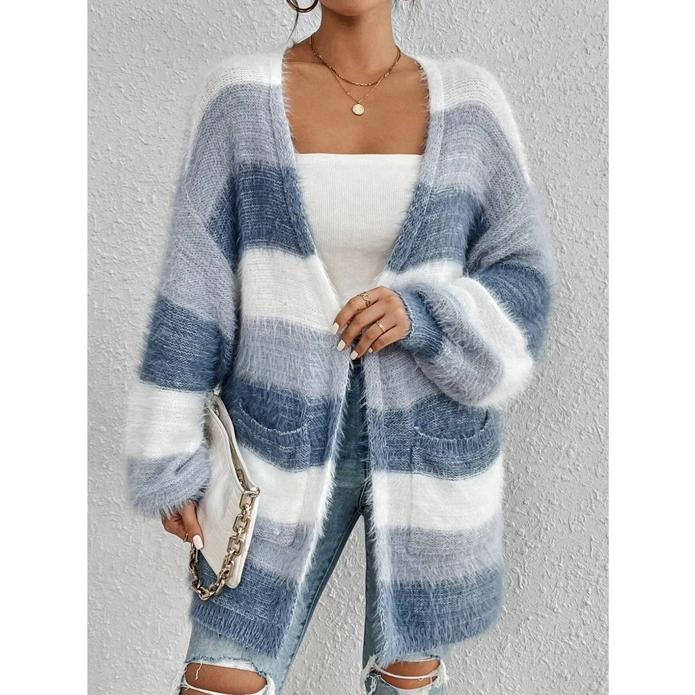 

Women's Thick Knitted Plush Jacket Long Striped Color-Block Cardigan Lantern Sleeve V-Neck Winter Coat Soft Warm Outerwear