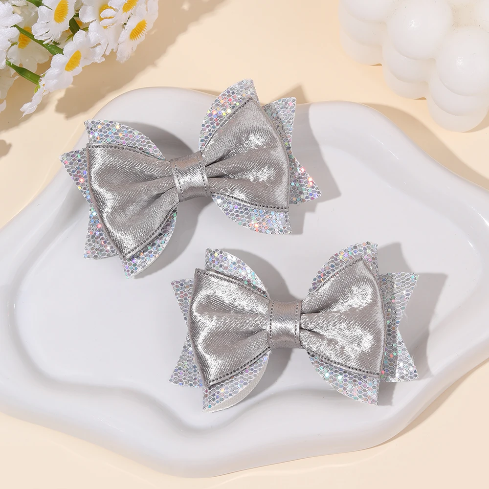 

2Pcs Silver Bow Hair Clips Elegant Holographic Sequin Hairpins Hair Accessories For Girls Children Party Daily Wear Headwear