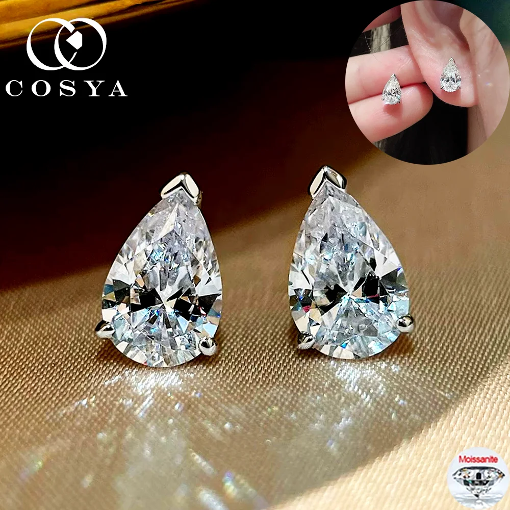 

COSYA 1/2/4CT Pear Cut Moissanite Earrings D Color Waterdrop Lab Diamond 100% S925 Silver Ear Stud For Women Party Fine Jewelry