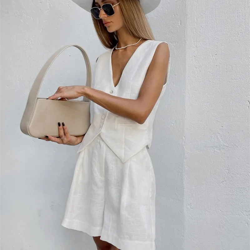 Women Clothing 2024 Fashion New Desigh Cotton and Linen Suit Vest Suit Women\'s Summer Leisure Sleeveless Vest Short 2-Piece Suit