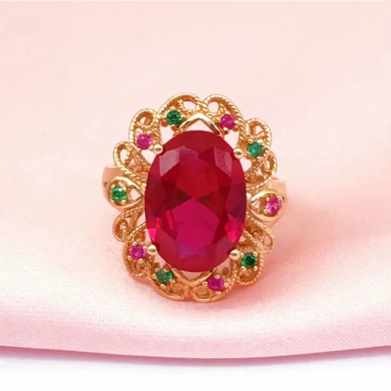 

585 Purple Gold Plated 14K Rose Gold Fashion Sunflower Red Gem Ring for Women Elegant and Exquisite Jewelry with Adjustable