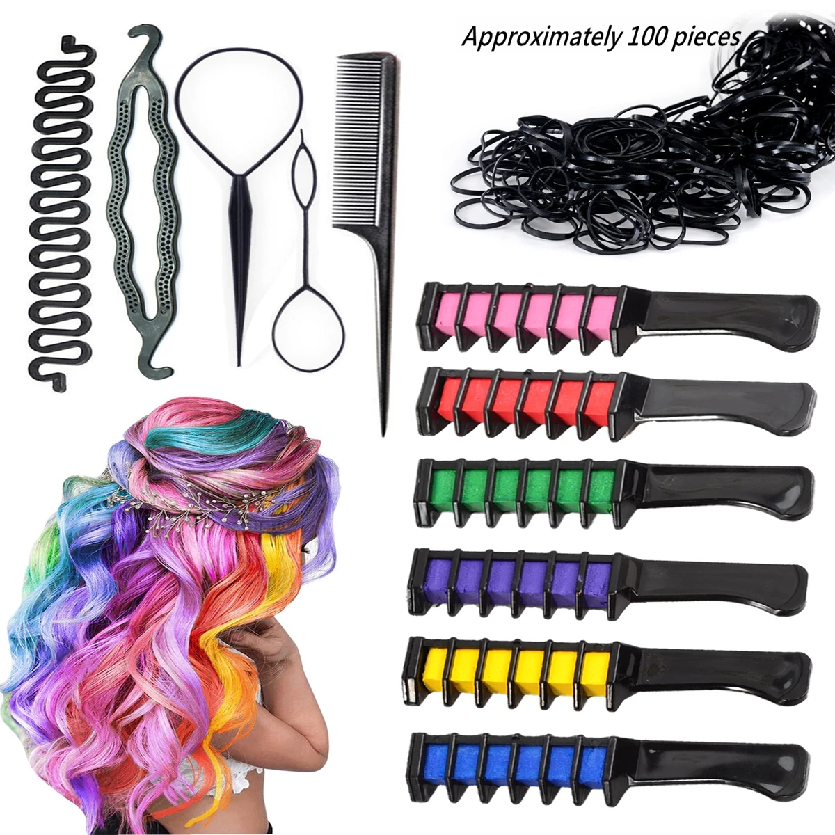 

110-Piece Set of Hair Dye Sticks, 6-Color Disposable Colorful Hair Comb Chalk Hair Dye Sticks, Multi-Color DIY Hair Braiding Tools