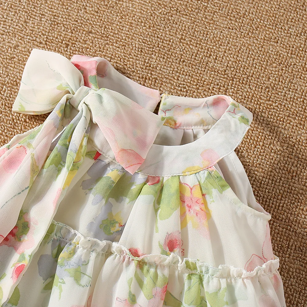 Summer New Baby Girls Dress Neckline Bow Ribbon Hand-Painted Style Flower Pattern Light Summer Holiday Style (0-3 Years Old)