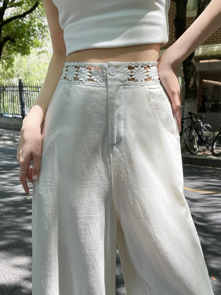 

Women's summer thin, non stick leg elastic versatile straight leg pants with hollowed out waist and narrow wide leg pants