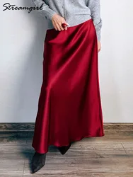 Faldas largas de satén para mujer, faldas largas y elegantes de color rojo vino, línea A, con cordones, color negro y café, para Otoño e Invierno, faldas largas, faldas para mujeres, falda negra, faldas largas para muj