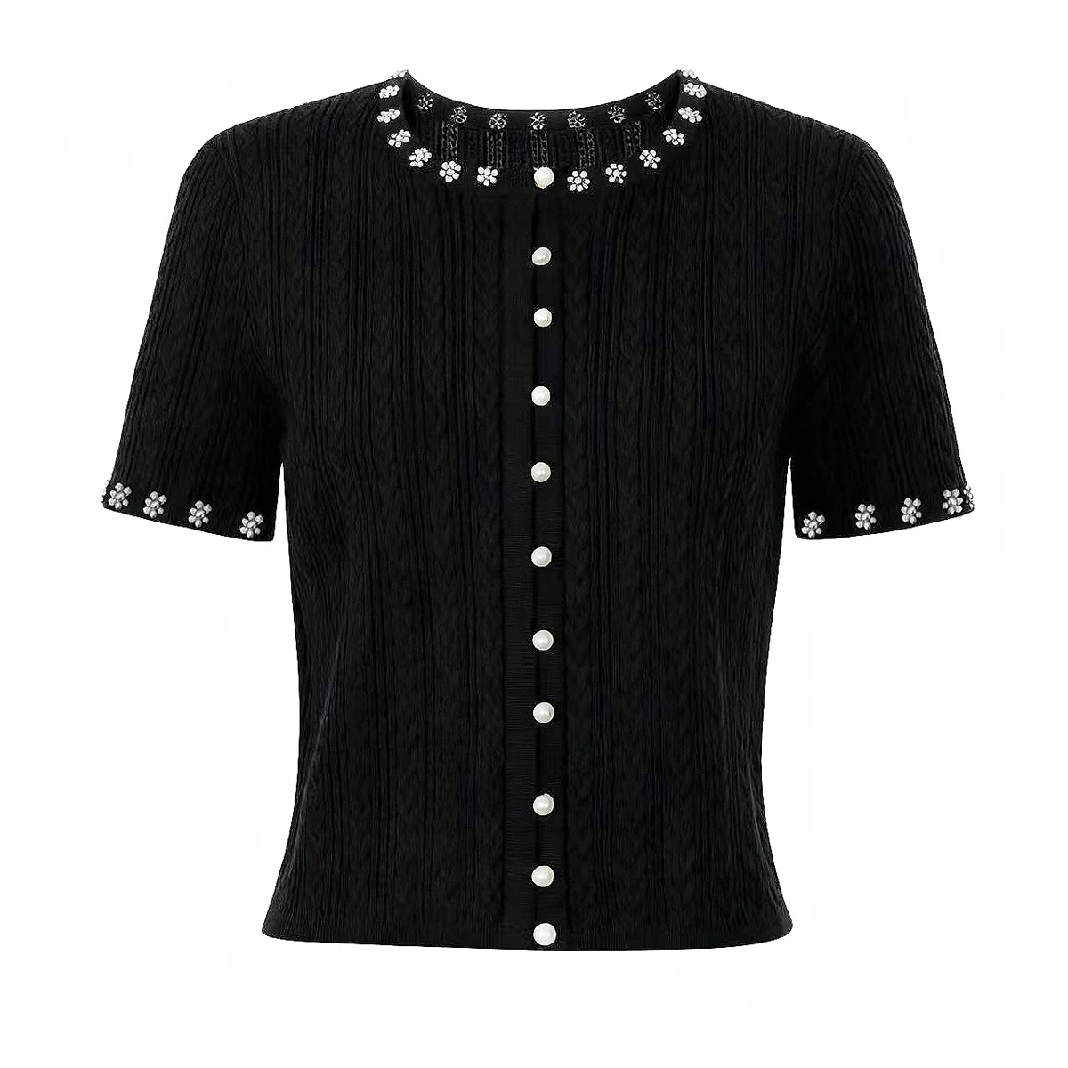 

Высококачественная летняя новая женская модная классическая атмосферная простая жемчужная утягивающая футболка с короткими рукавами, вязаный топ