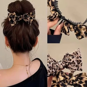 Leopard Print Bow Bun Hair Clip Women's Retro High Ponytail Hairpin, Back of Head Hair Bun Shark Clip