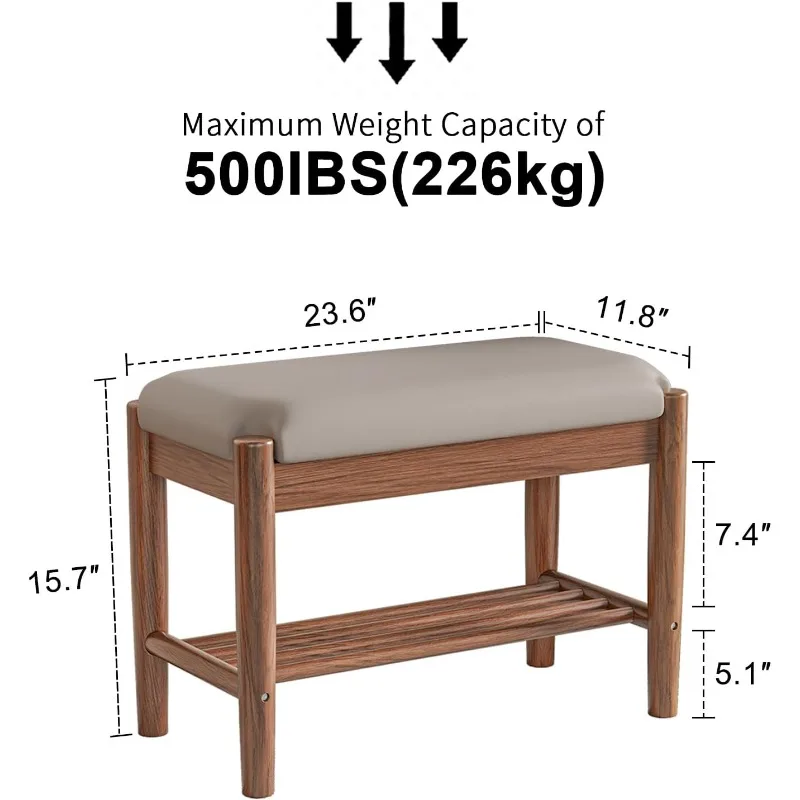 Shoe Bench Entryway Solid Wood Entryway Bench with Shoe Storage, End of Bed Bench with Gray Leather Cushion