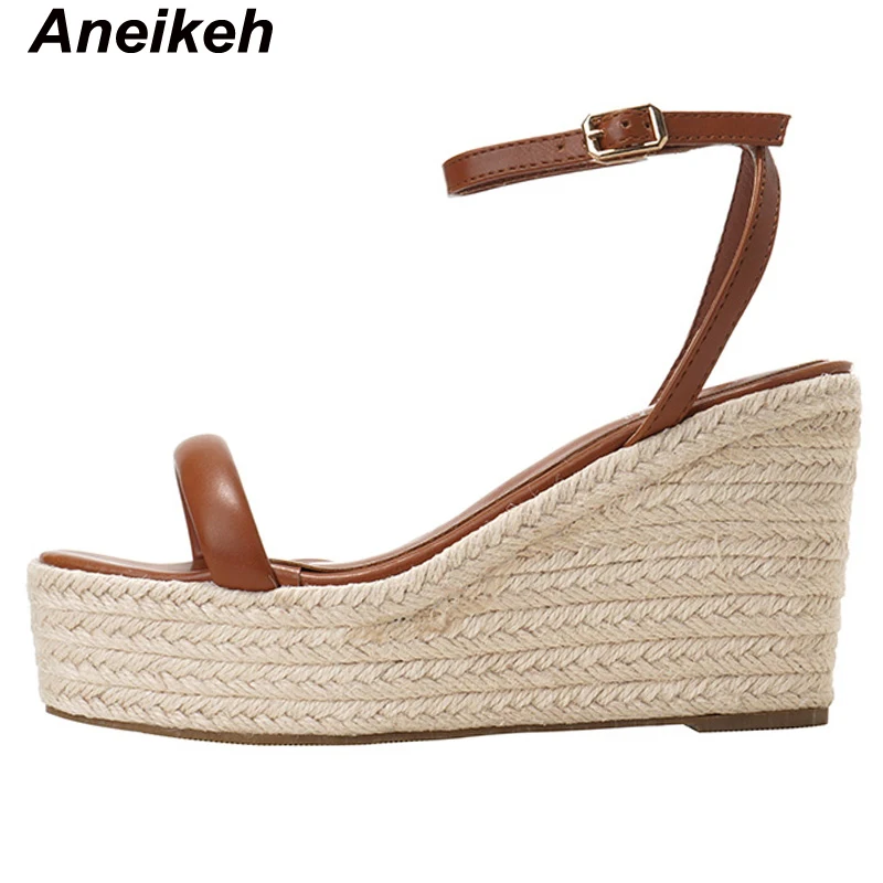 Aneikeh Summer Fashion PU Square Toe Wedges Heel Women Sandals Ankle Buckle Strap Ladies Leisure Style Shoes Brown Black