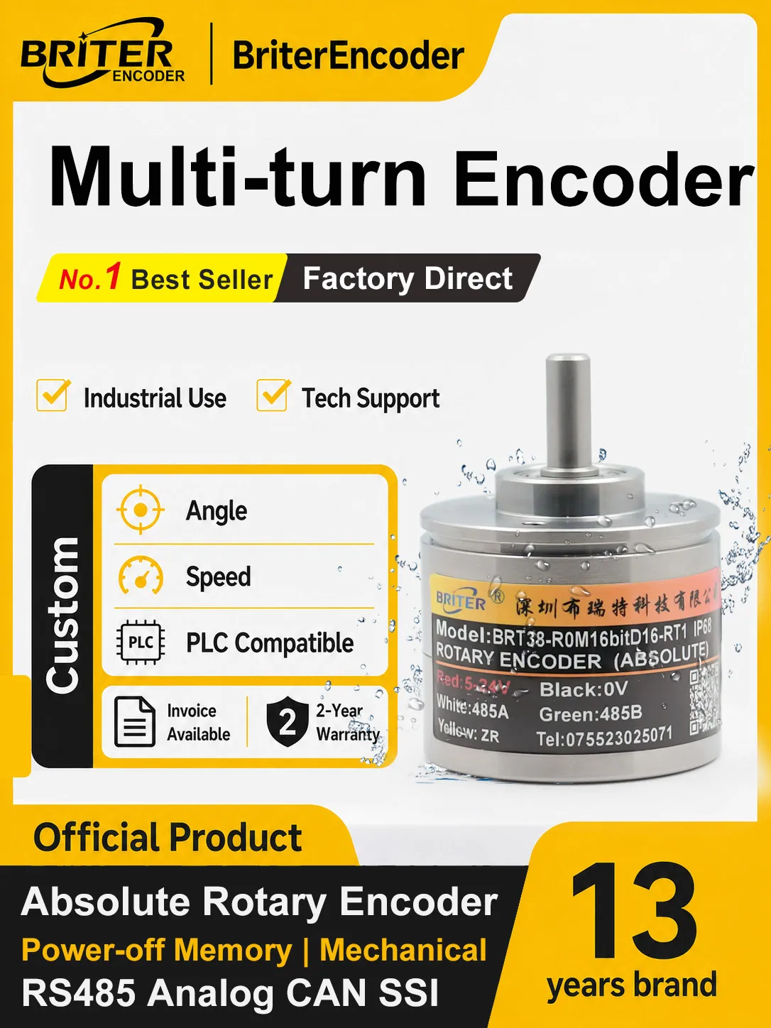 Encoder Rotatorio Absoluto Multivuelta con Interfaz CAN RS485, Sensor Magnético de Ángulo, Memoria de Apagado y Resistente al Agua