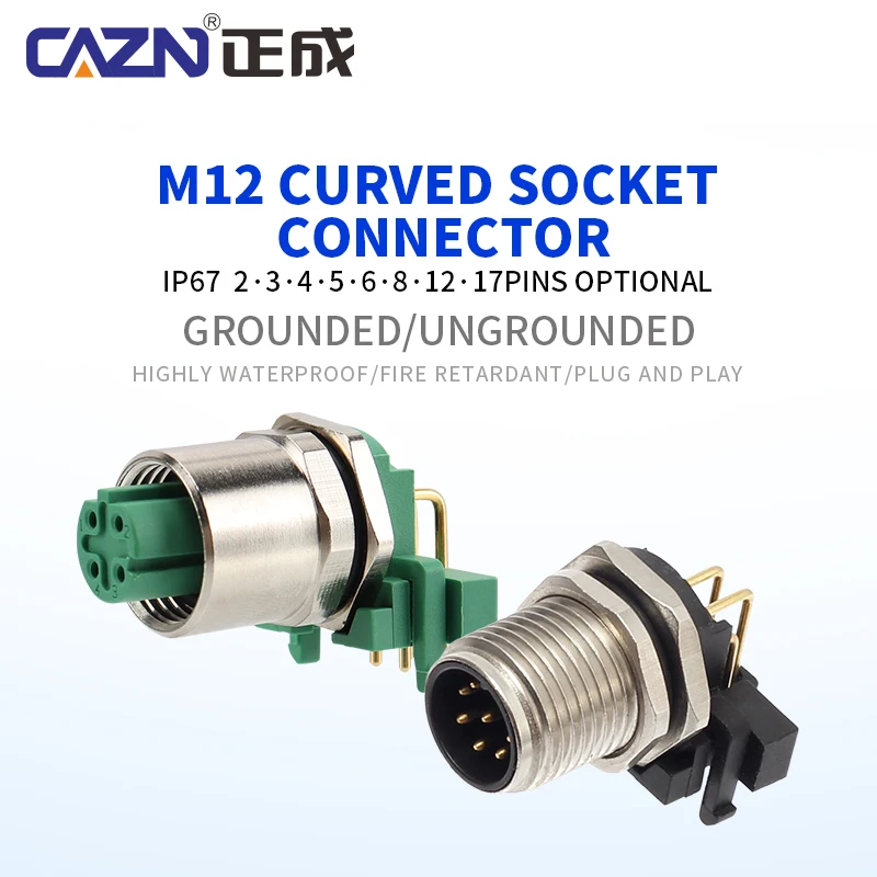 New Arrival M12 Angled PCB Electrical Connectors 2/3/4/5/6/8/12/17 Pin Male&Female Panel Mount Curved Socket