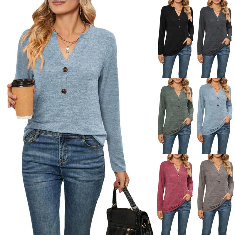 Women's Spring Summer Long Sleeve Tops 2024 New Leisure V-neck Button Brushed Long Sleeved T-shirt Women's casual Blouse Tops