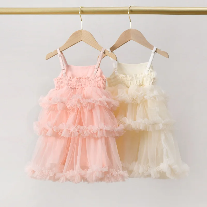 Hot Cute Dresses For Girls Solid Colour Fluffy Mesh Halter Cake Dress Holiday Party Girl's Clothing Sweet Princess Pettiskirt