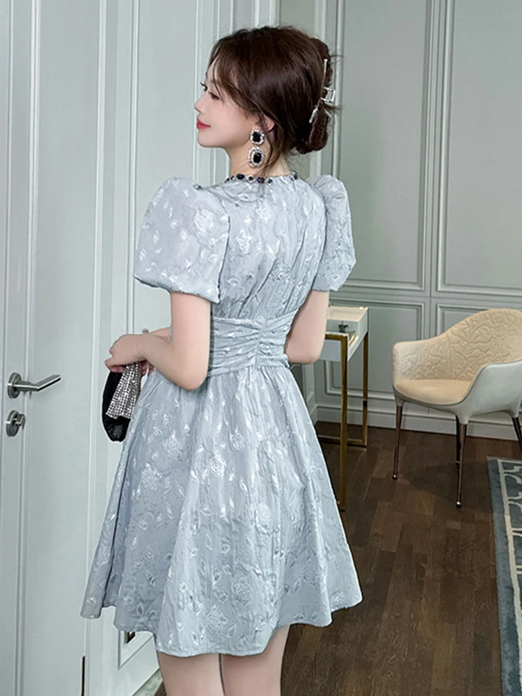 French Elegant Retro Mini Dress for Women Celebrtity Bubble Sleeve Corset Pleated Ball Gown Female Party Banquet Vestidos Mujer