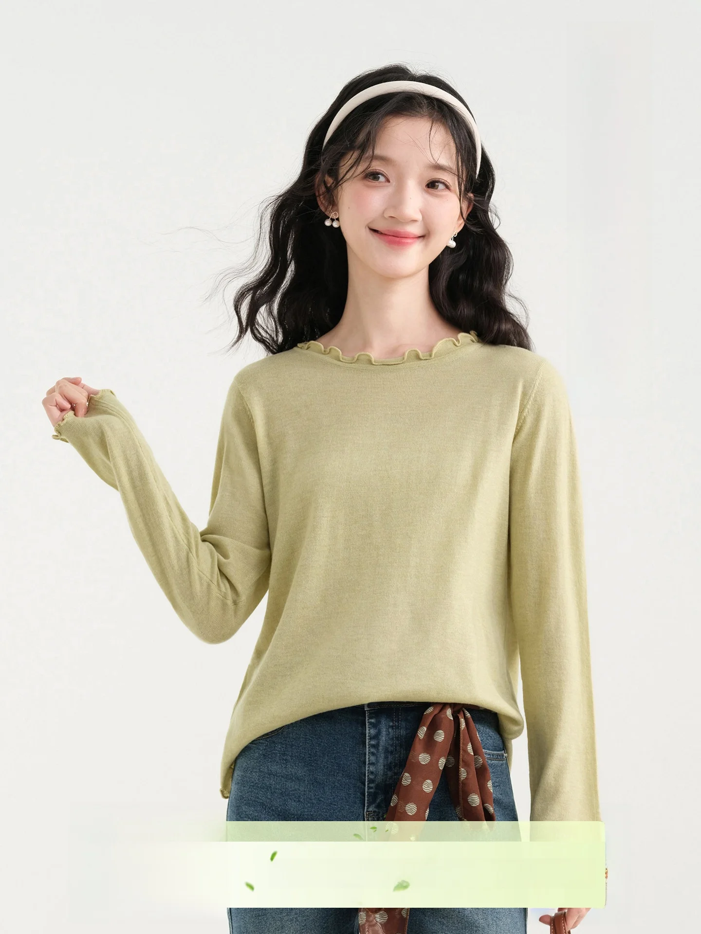 

Muye Easy Korean Style round Neck Long Sleeve Woolen Knitted Sweater Women's Base Layer Top Spring Pure Color Lace Trim
