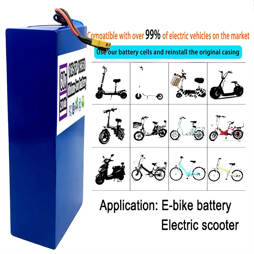 حزمة بطارية ليثيوم AA 16S5P 60 فولت 20 أمبير في الساعة 2000 وات عالية الطاقة مع BMS مدمج للدراجات النارية والسكوتر وبطارية بديلة لمحرك الدراجة