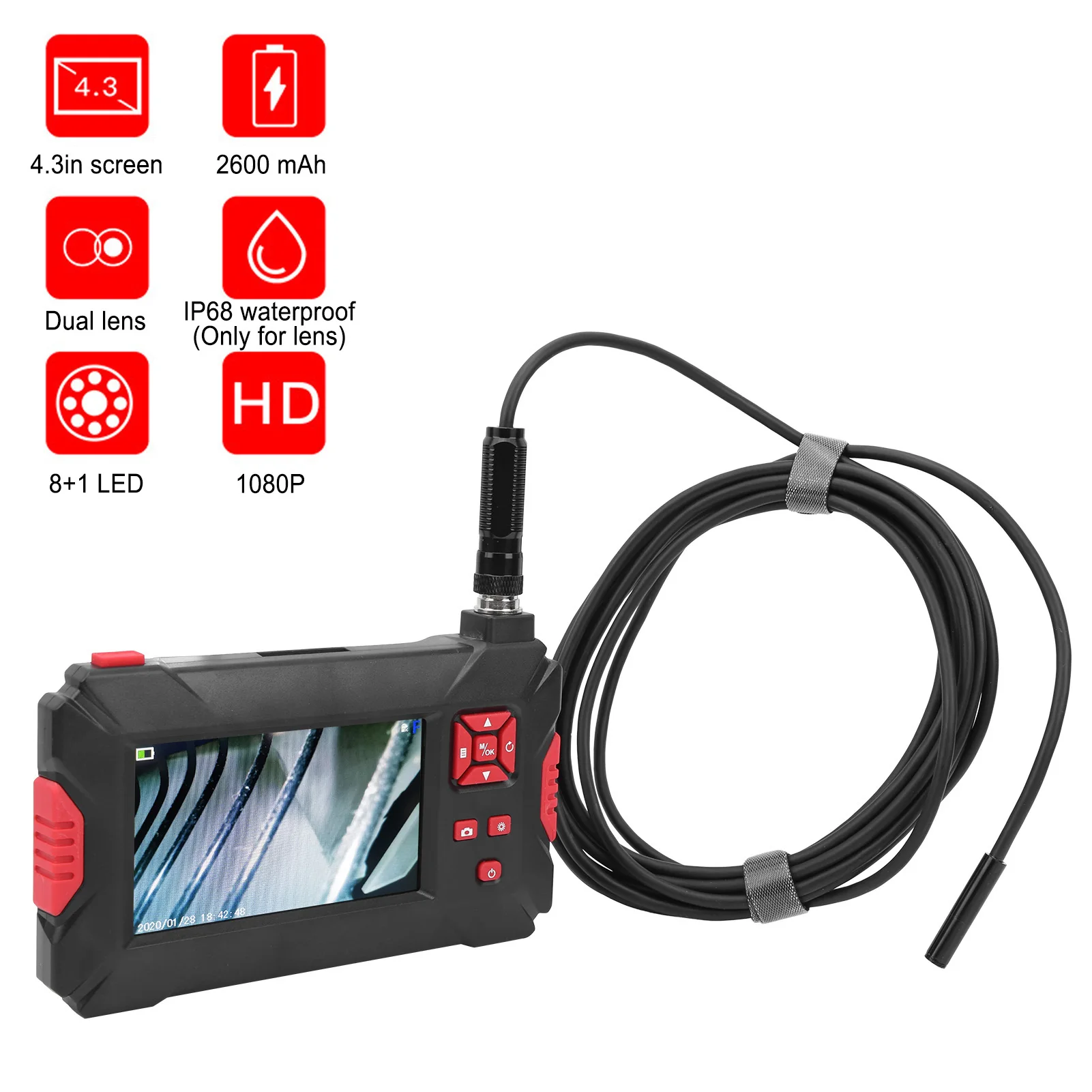 المنظار 8 مللي متر عدسة مزدوجة المنظار الصناعي مع شاشة 4.3in 1080P LCD 9 أضواء لفحص خطوط الأنابيب المنظار