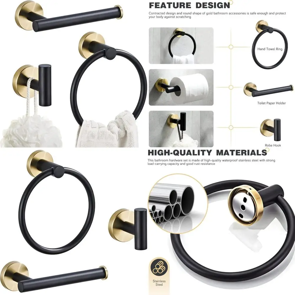 

Luxury Black & Gold Wall-Mounted Stainless Steel 3-Piece Towel Bar Set - Modern Bathroom Hardware Accessories Towel Rack