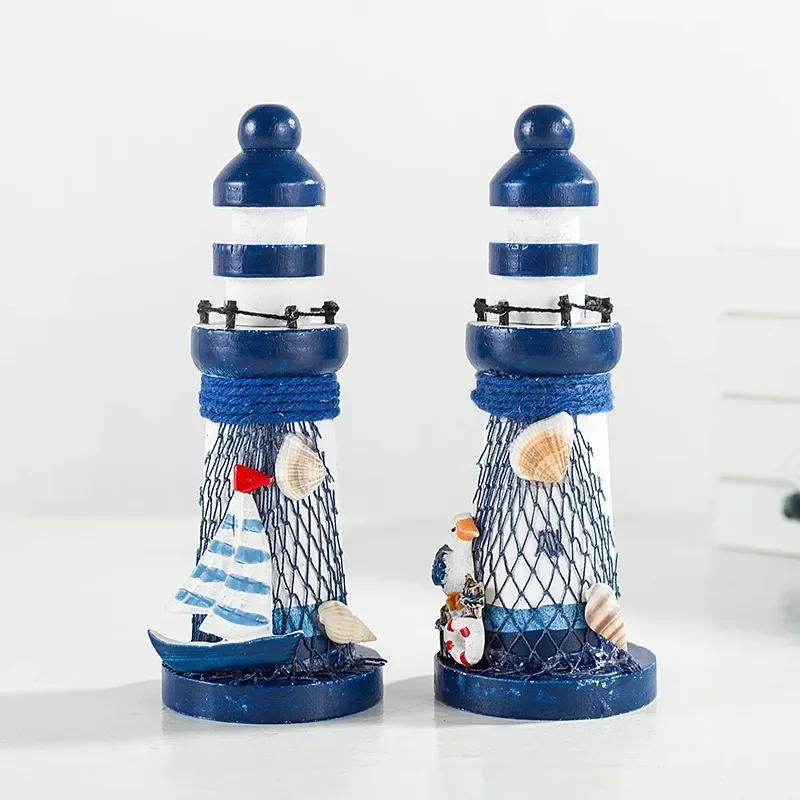 13cm Ocean Wooden Mini Lighthouse Ornaments Mediterranean Wood Lighthouse Fish Net Sailboat Figurine Desktop Ornament Home Decor