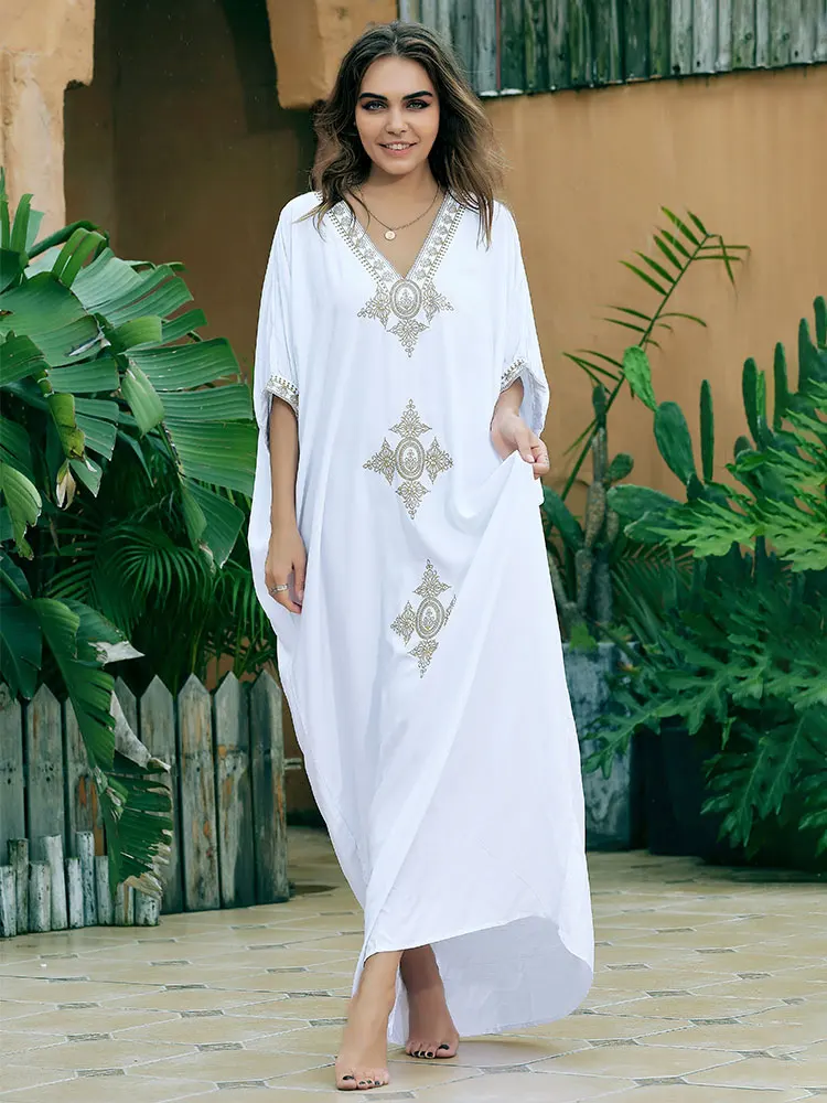 Elegancka długa damska osłona do Bikini w stylu Boho Kaftan Retro oversized strój letni odzież strój plażowy strój kąpielowy Q1490