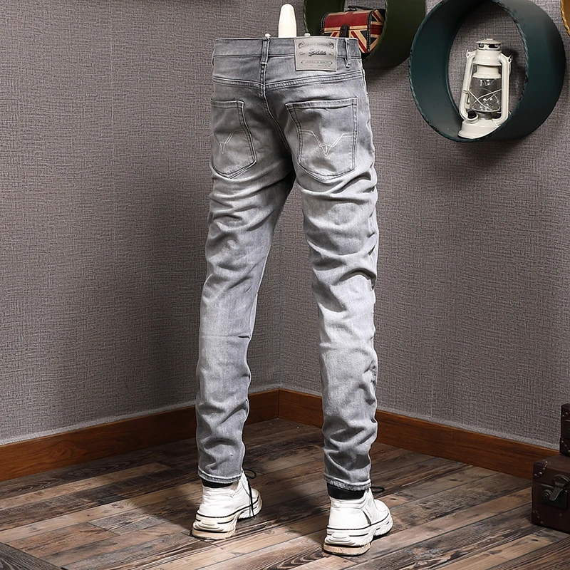 European Vintage Fashion Men Jeans Retro Gray High Quality Elastic Slim Fit Ripped Jeans Men Casual Designer Denim Pants Hombre