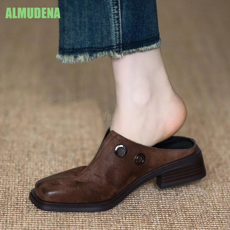 Female Retro Square Toe Mule Slides Soft Worn Suede Dual Polished Metal Eyelet Ornament Slip Low Heel Street Casual Shoes