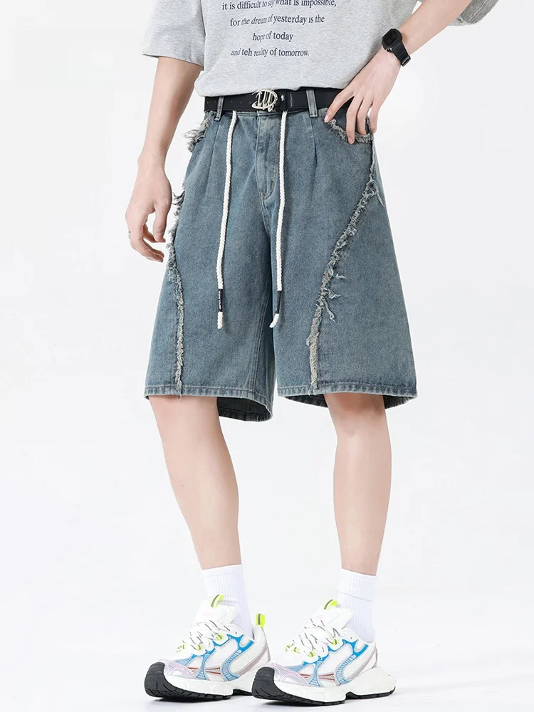 

American Retro Waed Denim orts Men's High Street Vibe Summer Thin Loose Simple Versatile Five-Quarter Pants