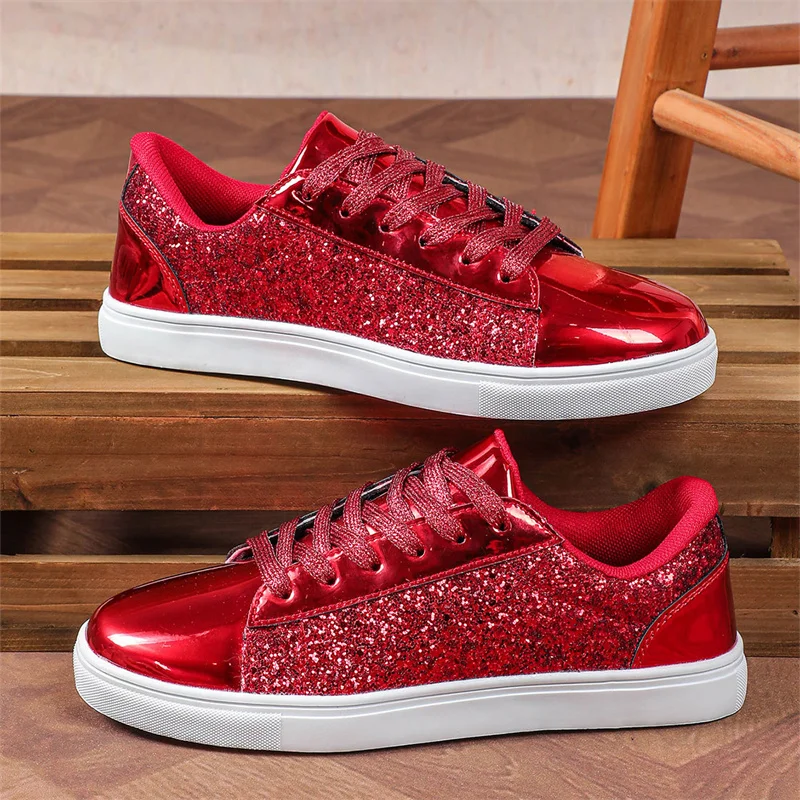 

Luxury Designer Women's Red Sneakers Shiny Sequin Leather Casual Sneakers Women Low Top Flat Vulcanize Shoes Women Fashion Shoes