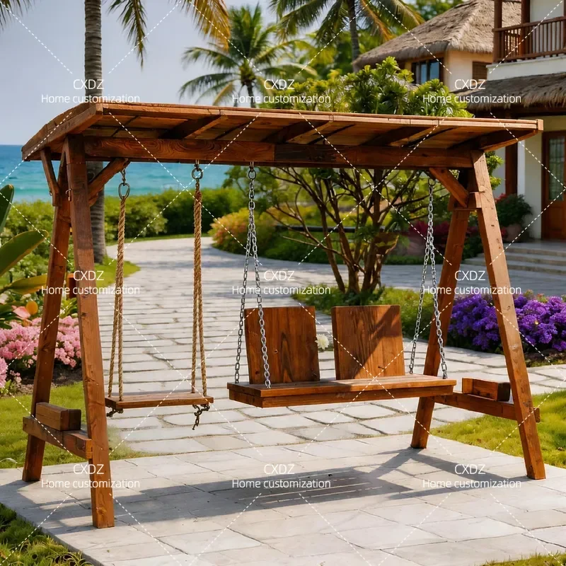 Outdoor Preservative Wood Swing Solid Wood Hanging Chair Multi Person Double Leisure Adult Villa Courtyard Garden Furniture