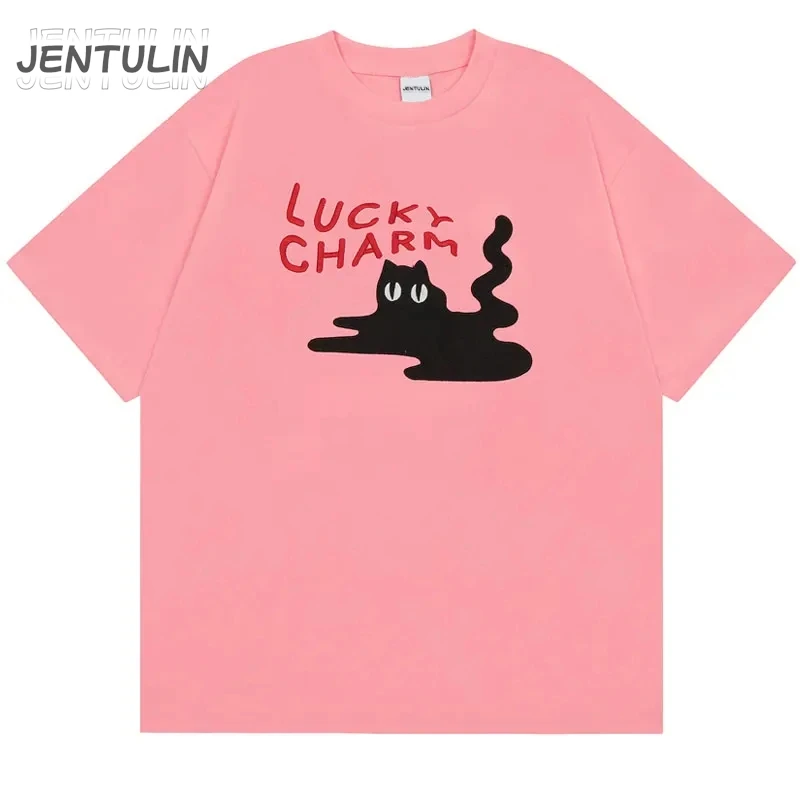 Harajuku T-Shirt Funny Aesthetic Black Cat Letter Print Acubi Short Sleeve Tshirt Hip Hop Casual Cotton Loose Summer Tops Tees