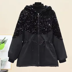 Spring Autumn Sequins Women'S Coat Splice Drawstring Waist Hooded Windbreaker Femmale Hooded Trench Jacket Casual Zipper Outwear