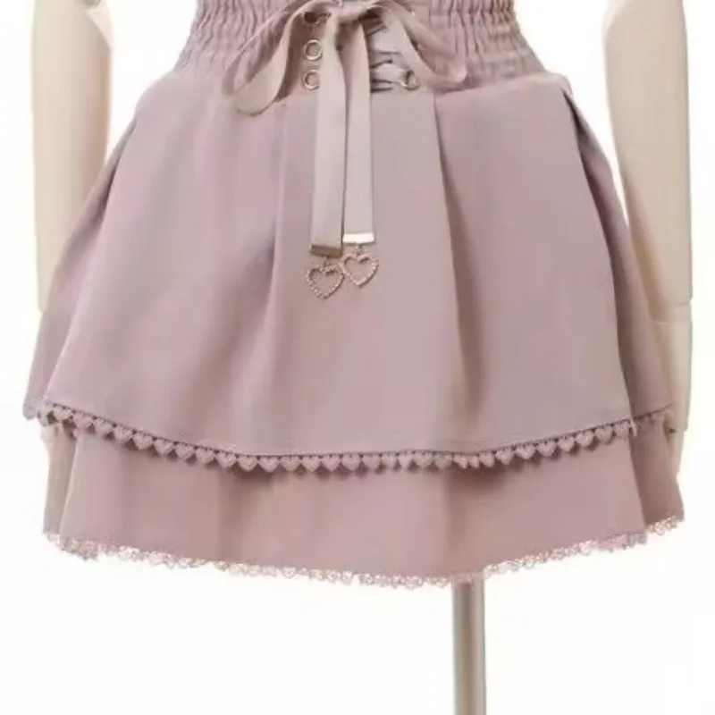 Estilo coreano kawaii bolo rosa mini saias femininas bandagem lolita cintura alta y2k estética doce renda gótico jk faldas saia preta
