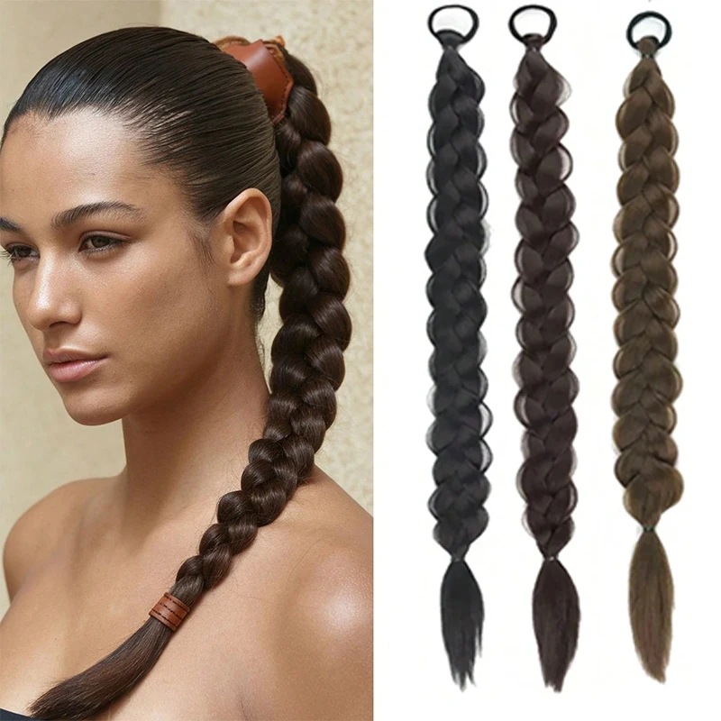 

24-дюймовый плетеный хвост для женщин, длинные прямые косы, хвост с резинкой, синтетическая обертка вокруг косы, конский хвост, Extensio