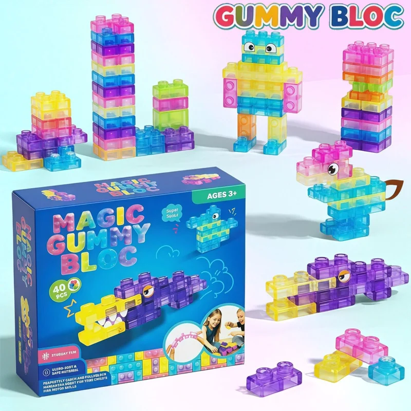 40個入り-クリスタルソフトグミゼリービルディングブロックセット-子供用-伸びるスクイーズ玩具-透明-クリエイティブな卓上ゲーム-コレクタブル