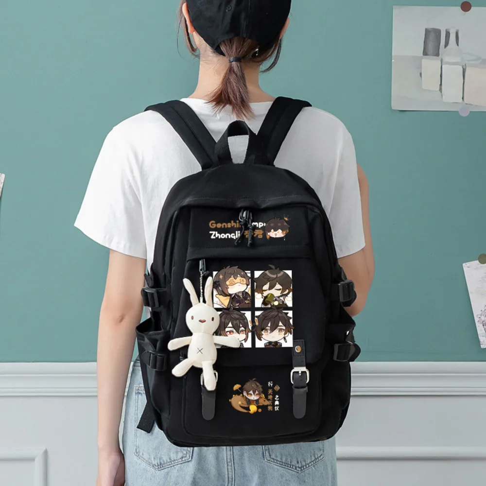 Game Genshin Impact Zhongli Alhaitham Backpack Students School Book Bags Black Mochila Bookbag