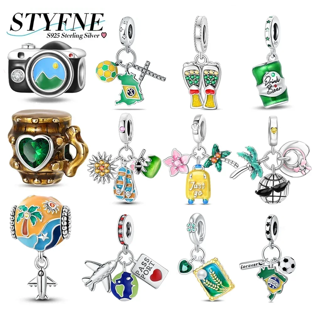 

Exquisite 925 Silver Beer Glass Football Coconut Slippers Camera Charms Beads Fit Women Original Bracelets DIY Jewelry Fine Gift