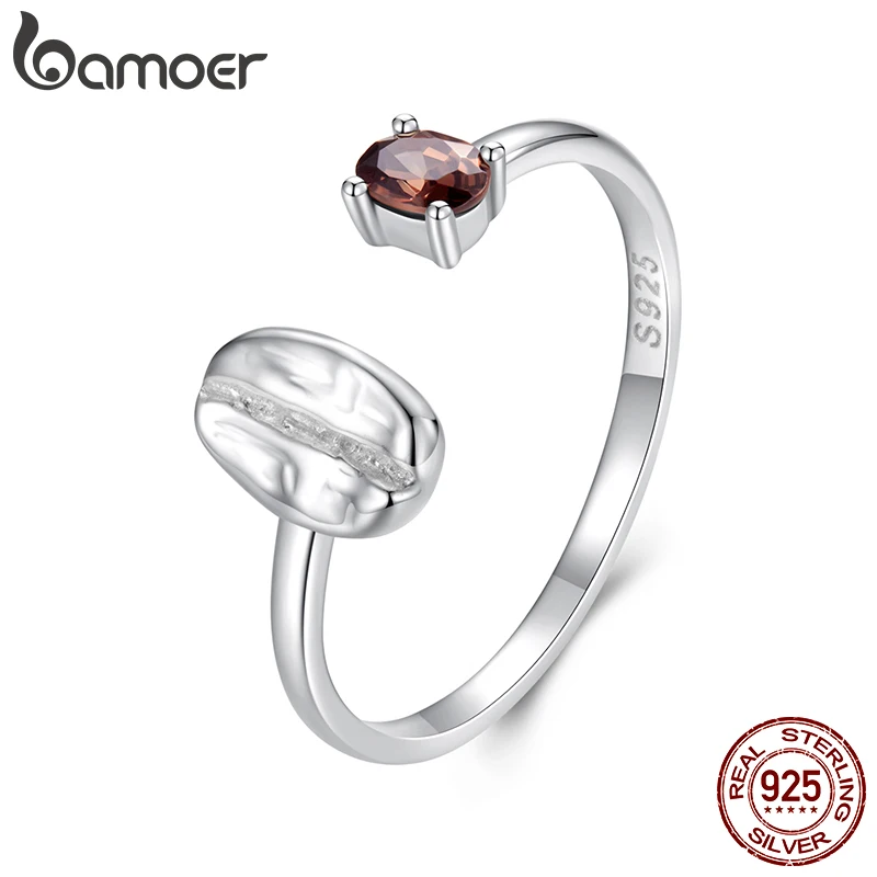 BAMOER Solid 925 Sterling Silver Coffee Bean Open Ring for Women Dainty Stackable Ring Party Jewelry Gift SCR1102-E