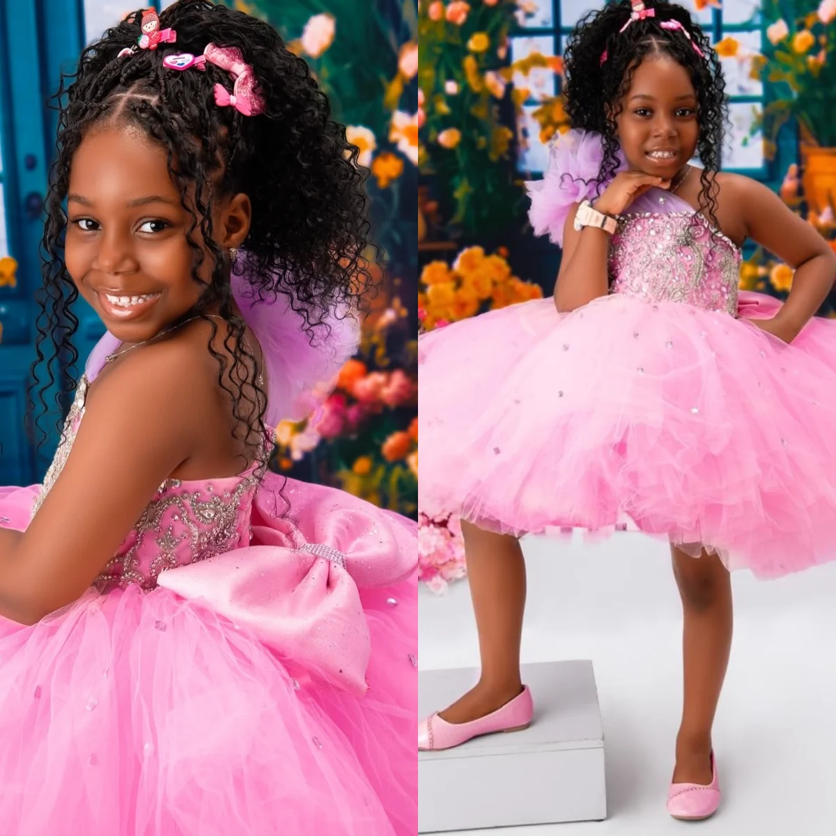 

Cute One Shoulder Girls Birthday Party Dress Tulle Pink Flower Girl Dresses for Wedding Kids Prom Gown Customized