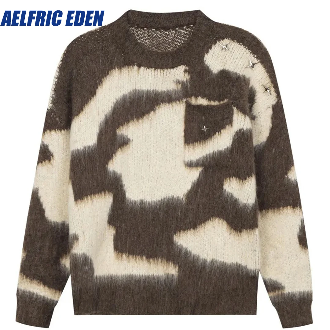 Aelfric Eden-Camisola Mohair Vintage, Fofo Fuzzy Patchwork Jumpers, Malhas Soltas, Estrelas Retro, Hip Hop, Harajuku