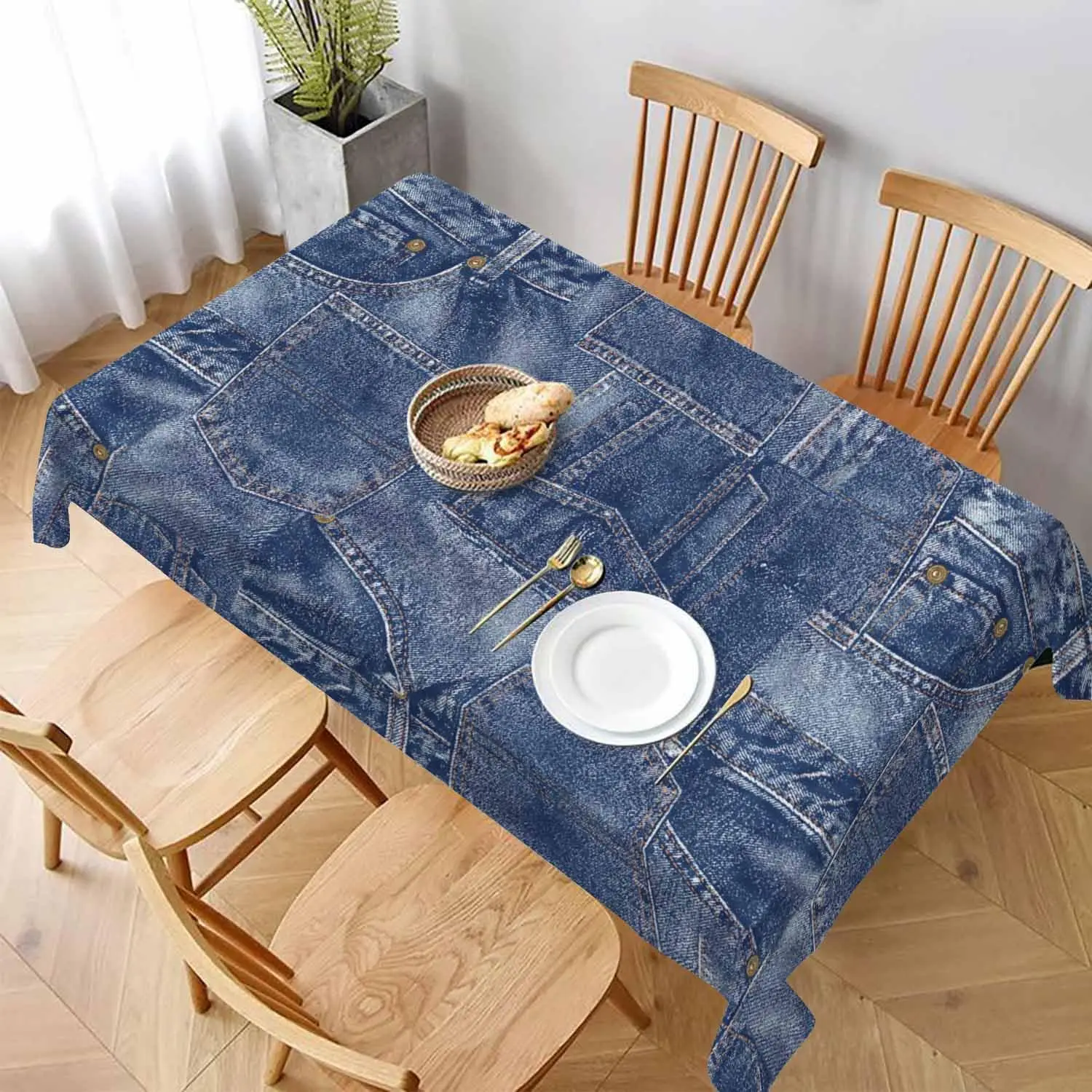 

Retro Denim-Style Indigo Tablecloth, Creative Pocket Print Polyester Table Cover