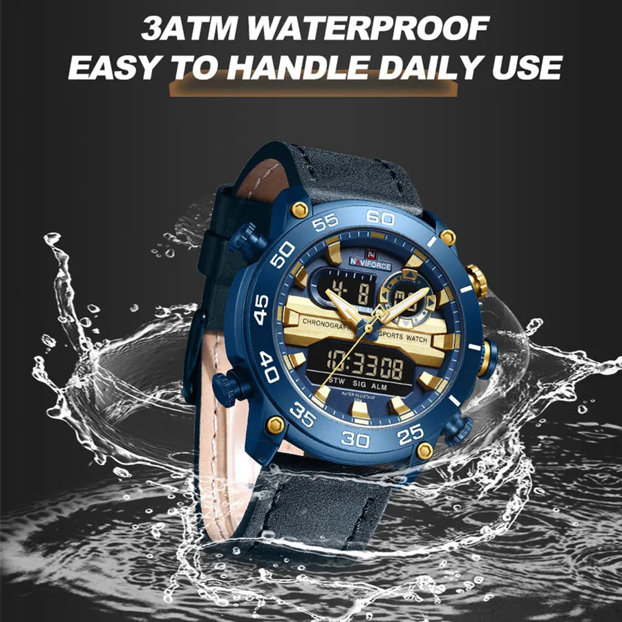 NAVIFORCE Men\'s Watch Quartz Analog LCD Digital Wristwatch Male Leather Strap Water Resistant Date Clock Sport Quartz Watches