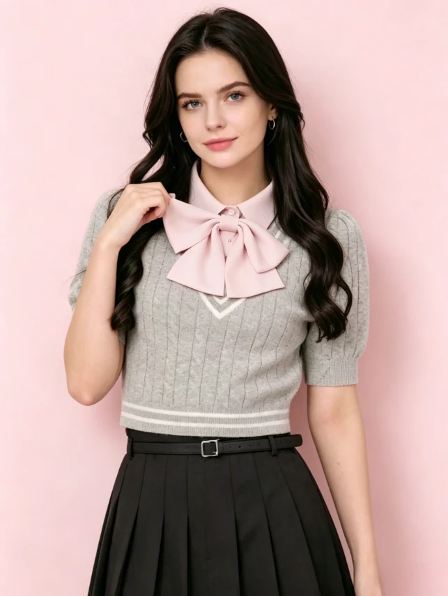 

Original Preppy Japanese Style Short Sleeve T-shirt Large Bows Shirt Collar Patchwork Knitting Shirt Fashion Women's Tops Summer