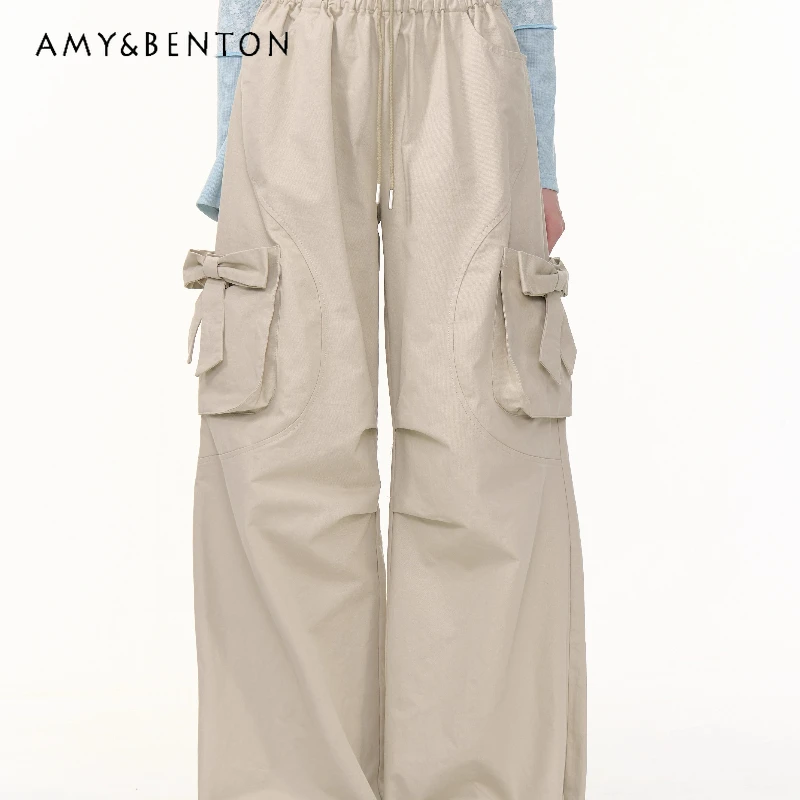الأمريكية الرجعية عالية الخصر التخسيس مستقيم الساق المرأة واسعة الساق السراويل الخريف جديد القوس الكاكي ملابس العمل بناطيل كاجوال السيدات #1