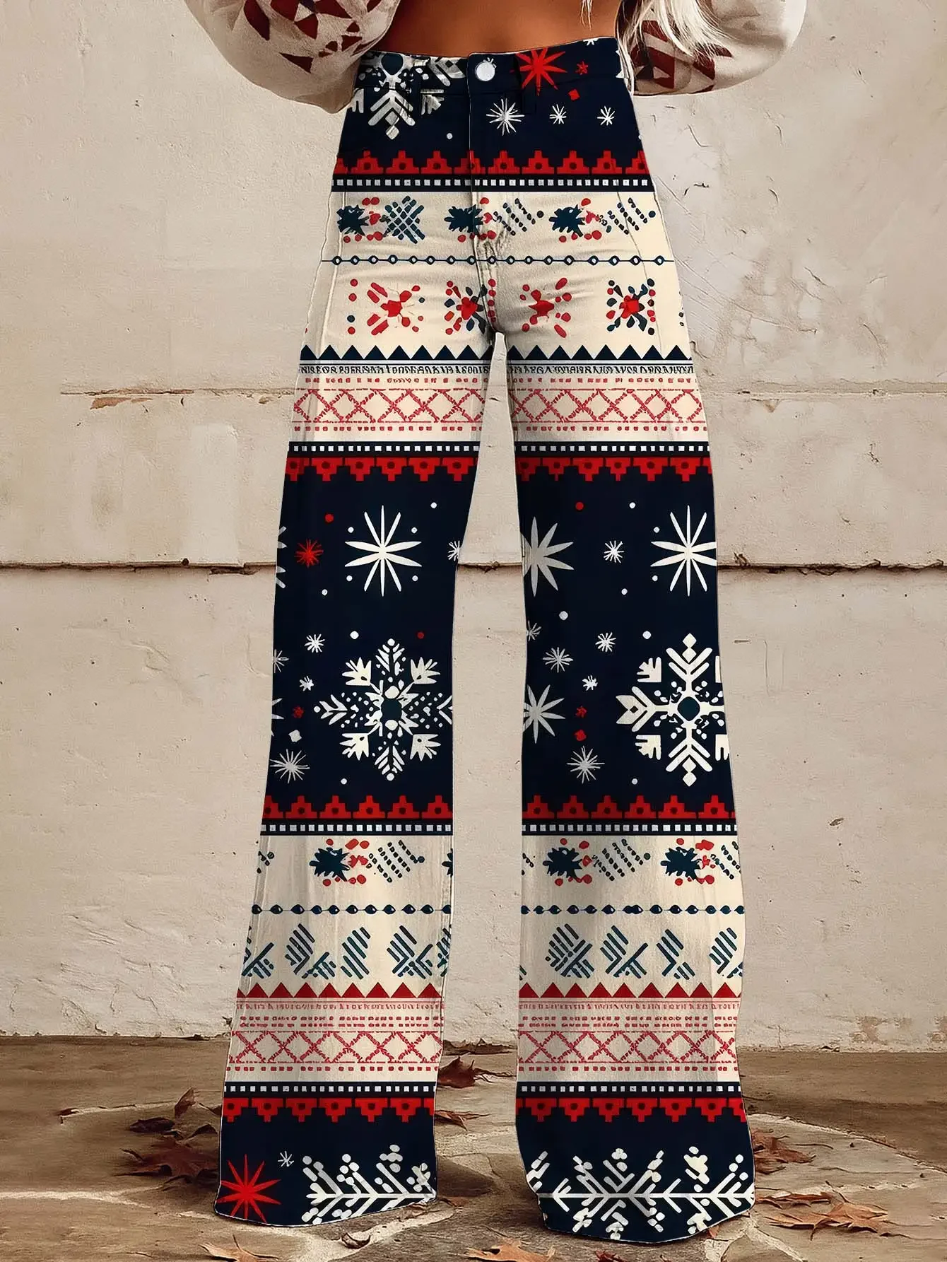 

2026 Fashionable yellow and blue tie dye printed loose flared imitation jeans,Christmas