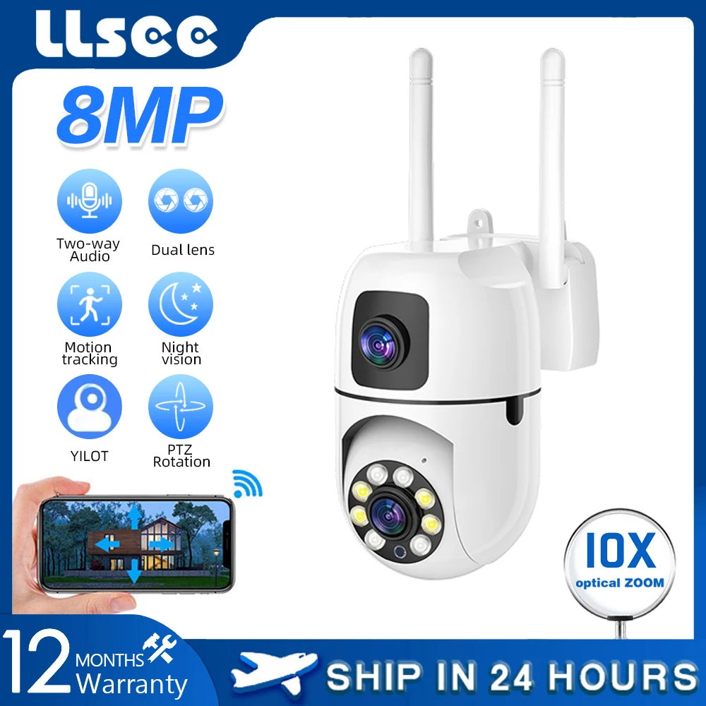 llsee 8mp camera wifi sem fio 10x lente dupla gimbal camera interna de monitoramento de televisao de circuito fechado camera de seguranca ip 01