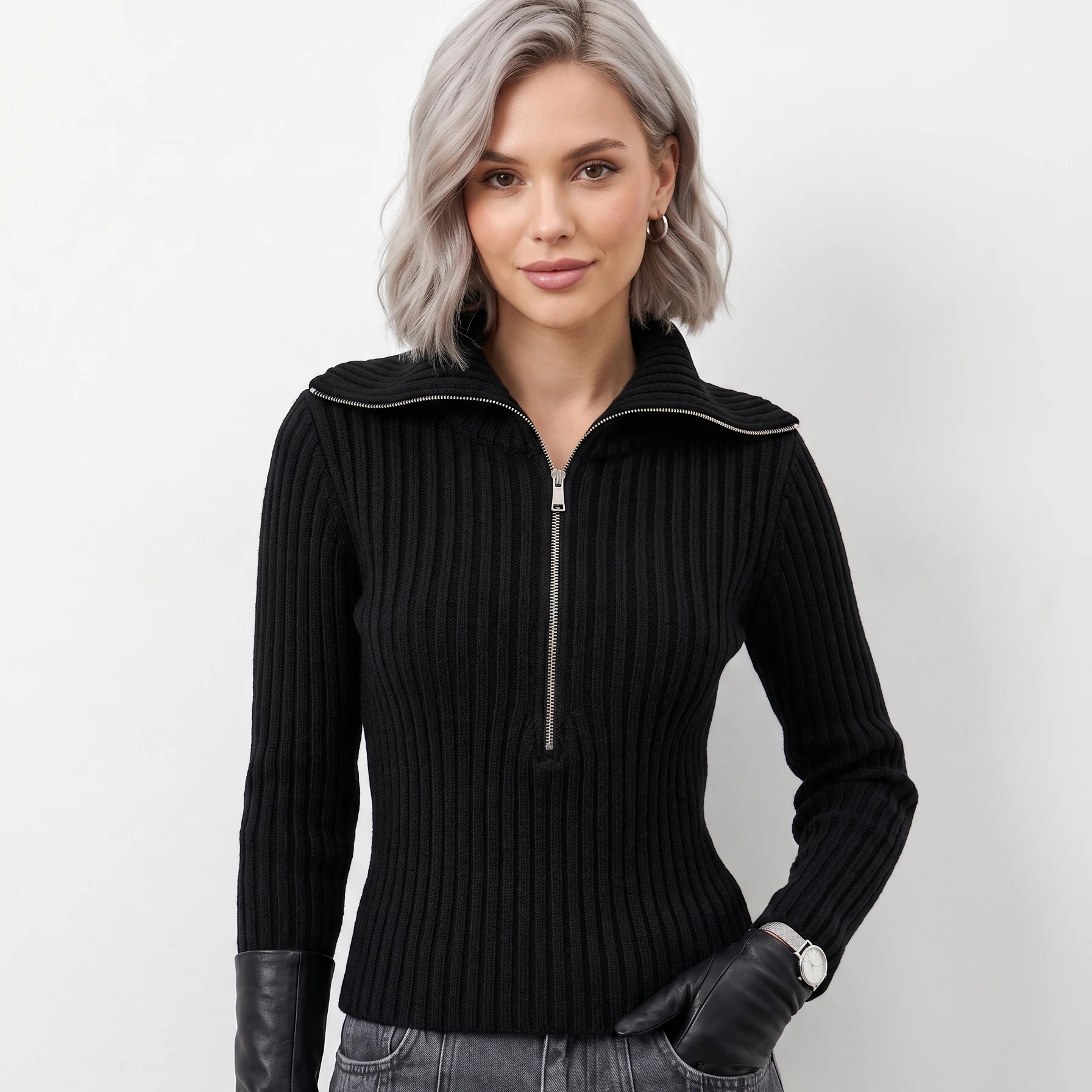 PUAL  2026 Women Half Zip Ribbed Knit Top, Lapel Collar Slim Fit Cropped Black Long Sleeve Sweater for Daily Wear