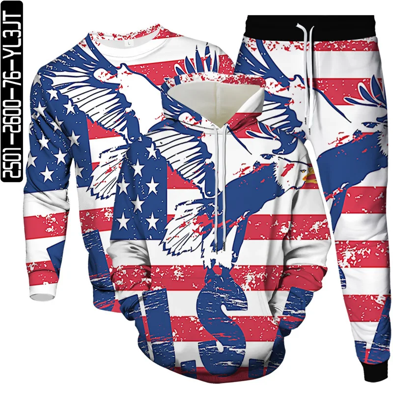 USA Flag Animal Eagle Fish 3D Print Men Fashion Tracksuit Hoodies Sweatshirt Jogging Pants 3 Piece Set Women Outdoor Casual Suit